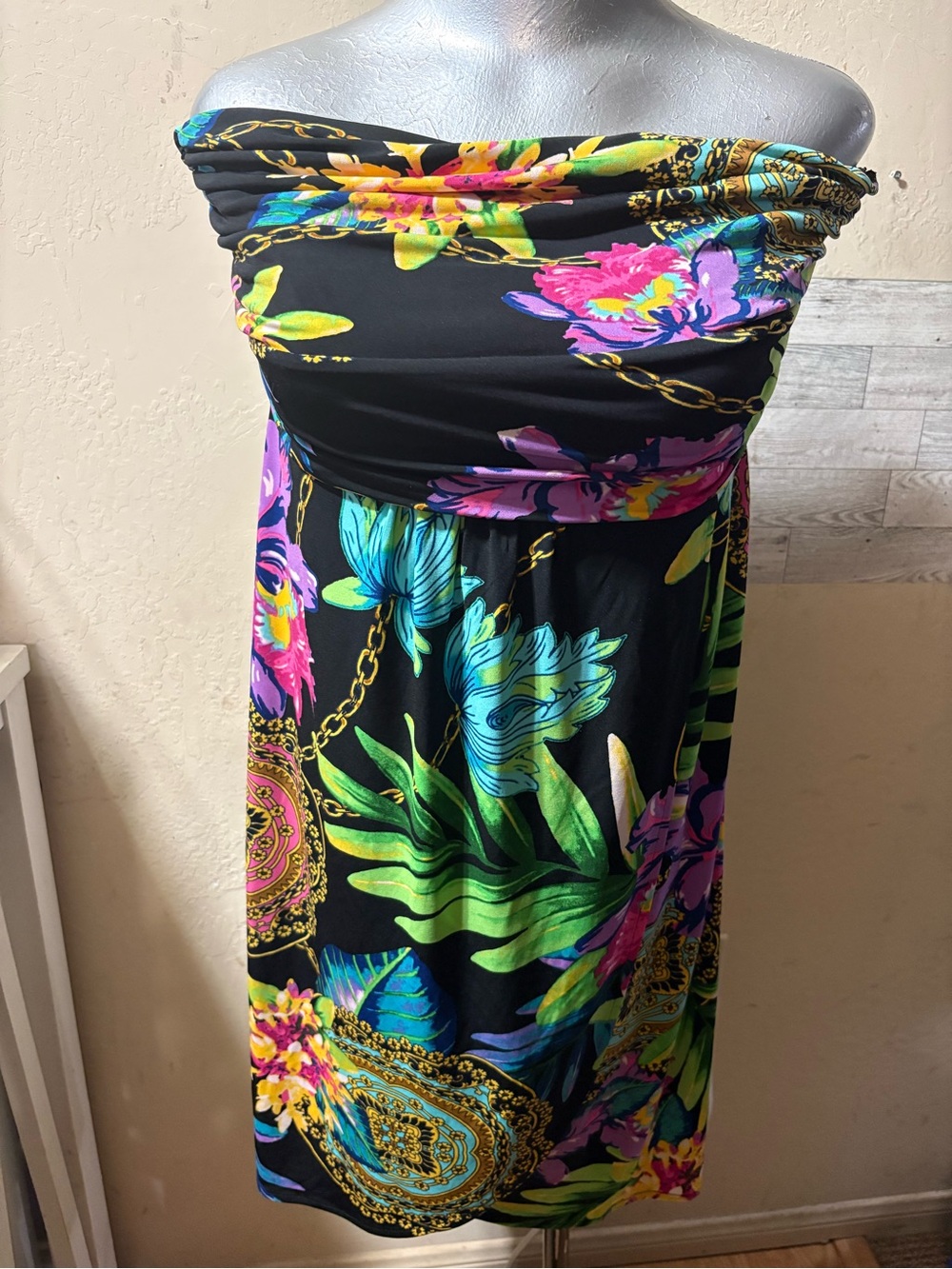 Women's Black Tropical Strapless Swim Cover-Up Dress